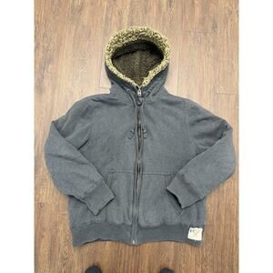 American Eagle Hoodie Mens Large Gray Sherpa Lined Faux Fur Full Zip Heavy Y2K